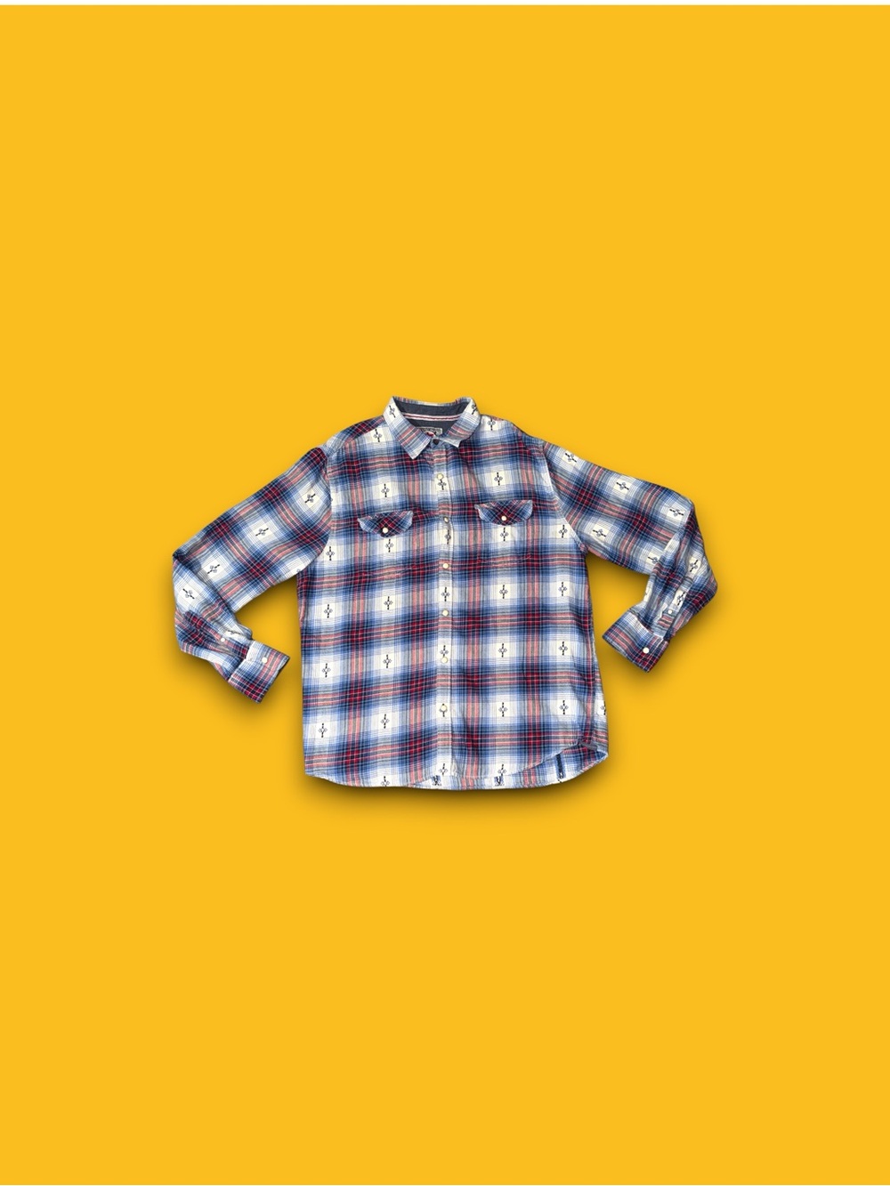 Flag and Anthem Desert Son Large Pearl Snap Western Button Down plaid blue